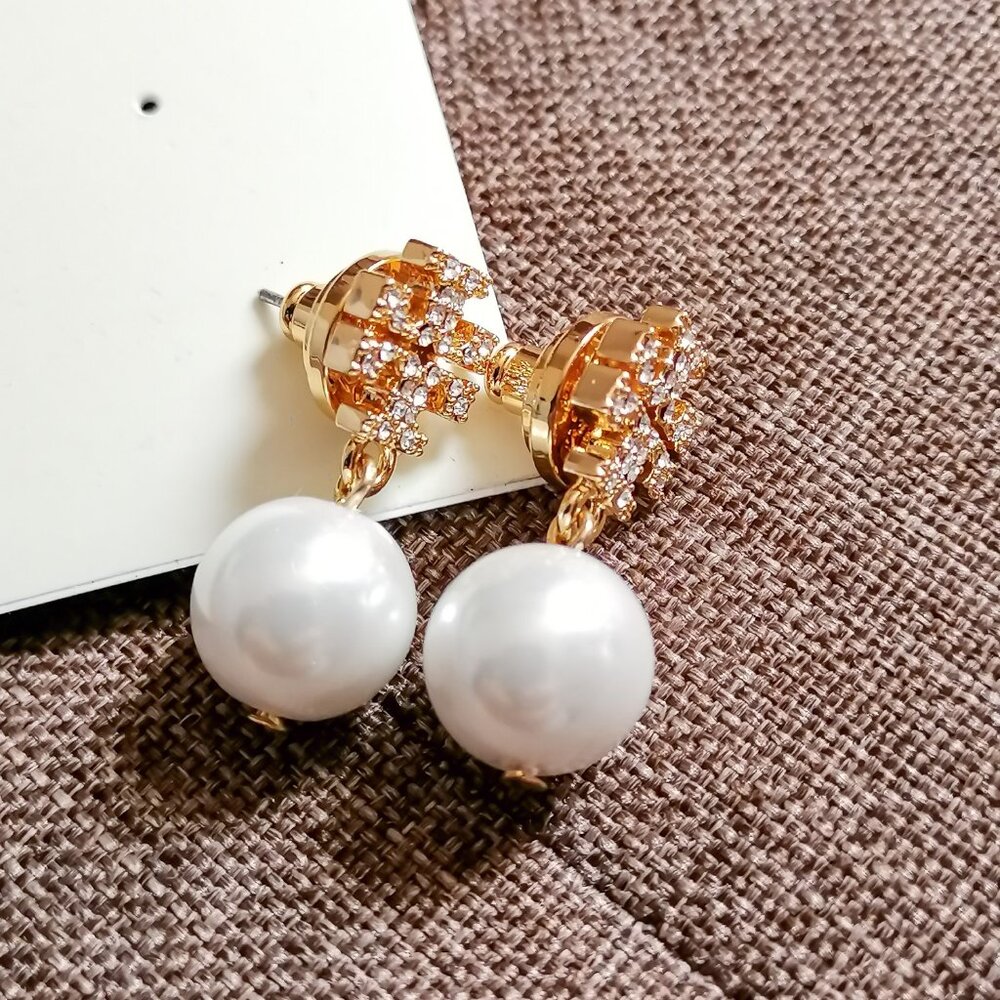 Logo Pearl Gold Clear Crystal Drop Earrings by Tory Burch - Picture 2 of 4